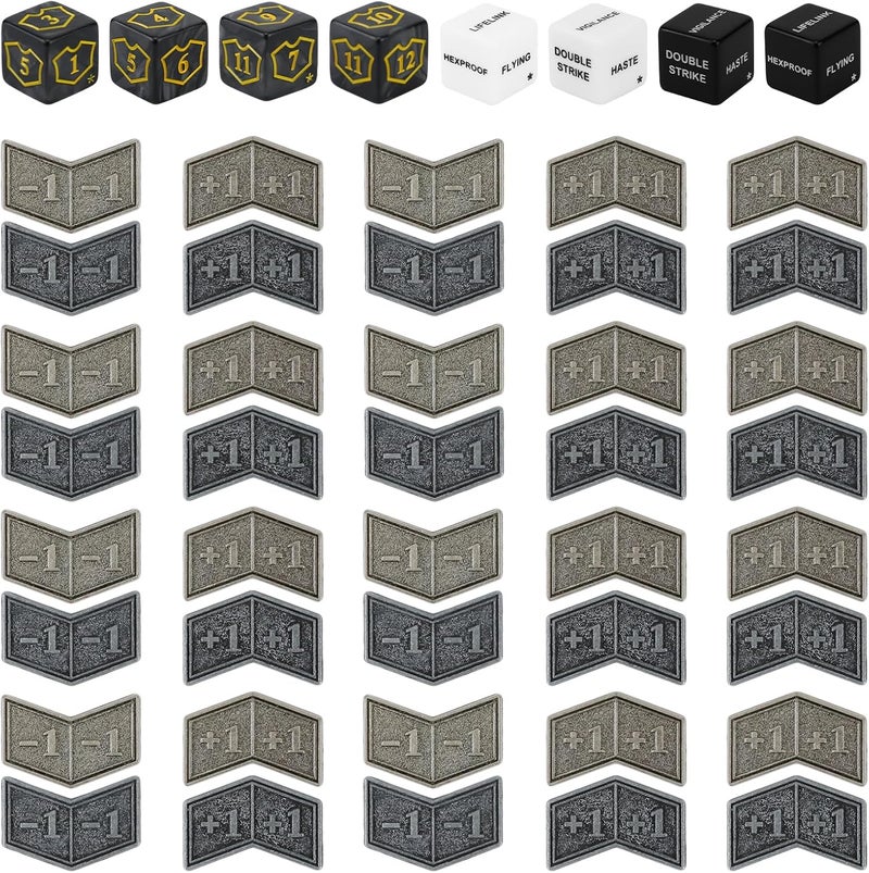 FIGURESLAB Store 48Pcs MTG Antique Metal Buff Counter Tokens & MTG Keyword/Counters Dice Set, Magic Creature Stats or Loyalty Counter for TCG Card Gaming Accessories with Velvet Bag & Box - Image 1